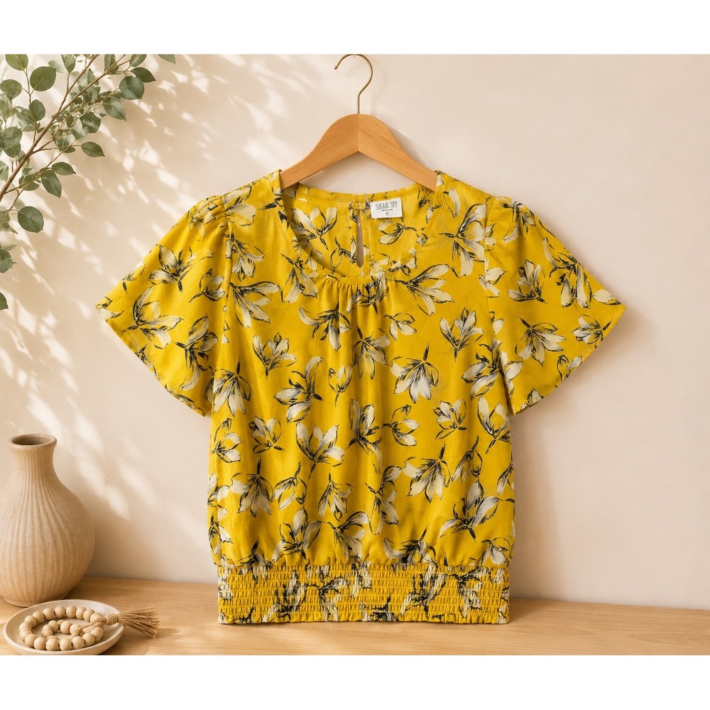 Sienna Sky Blouse Floral Smocked Waist Yellow Short Sleeve Flutter Top Women M